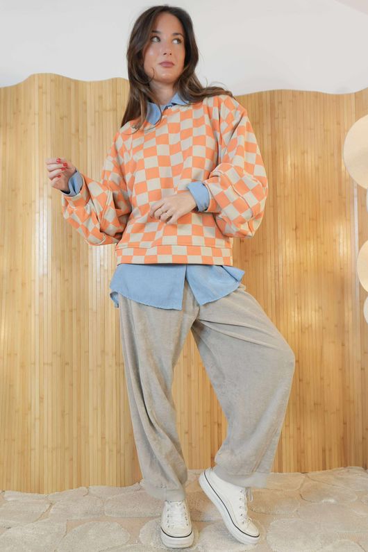 Check Mate Lantern Sleeve Sweat Aperol Stone